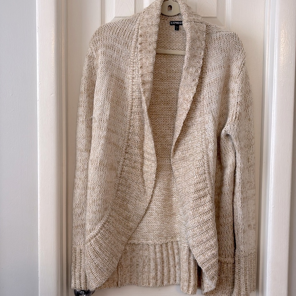 Express chunky knit tan white cream shawl collar sweater cardigan large